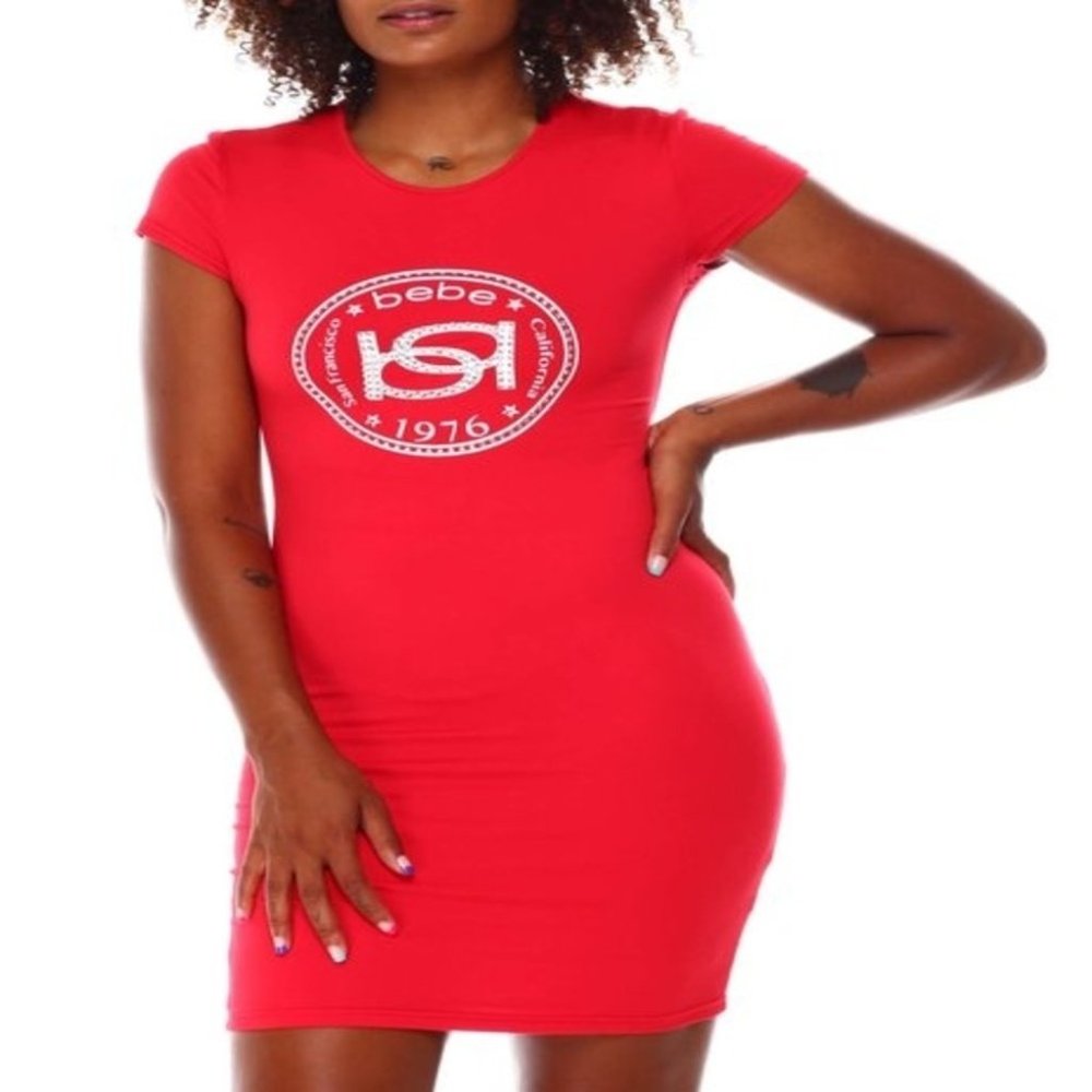 Bebe Mini Dress with Rhinestone Accents & Bebe Print, [NEW]